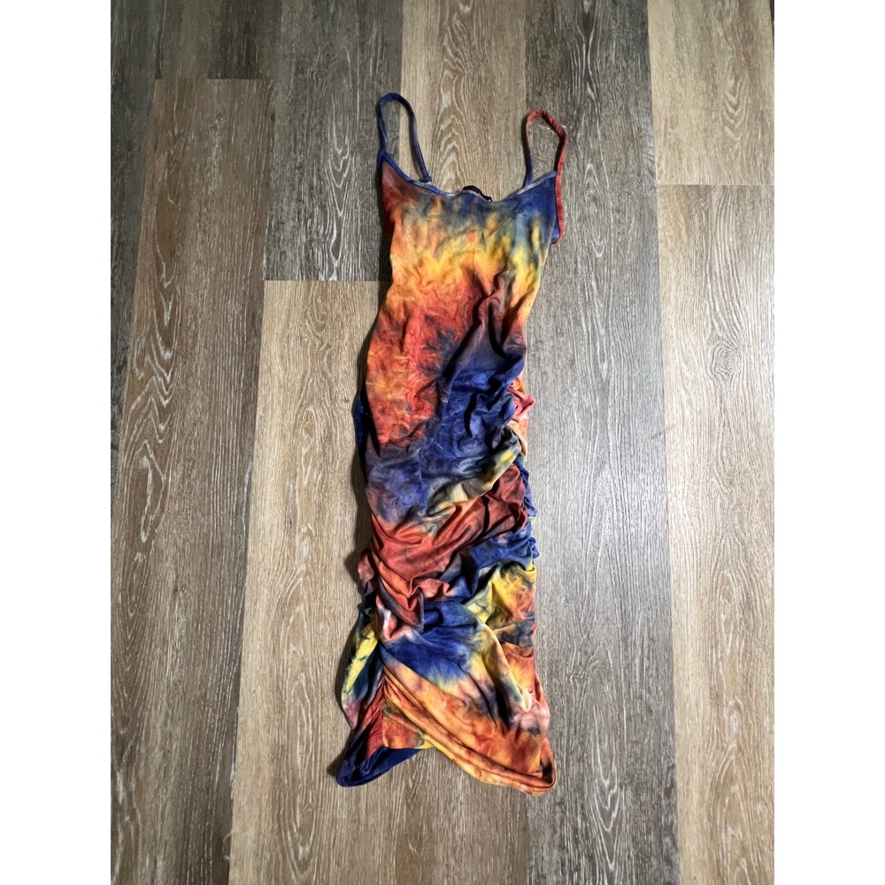 Absolutely Love It Tie Dye Dress Womens Medium Multi Color Excellent Ruched Midi